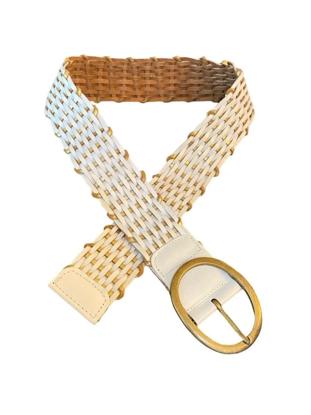 White Gold Woven Braid Wide Leather Belt Oval Brass Buckle Sz M India